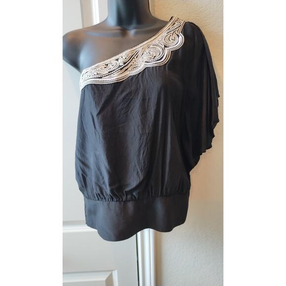 White House Black Market Silk One Shoulder Top Embroidery Trim Size 4 - Picture 1 of 12